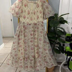 JessaKae Cream Floral Midi Dress with Pink Roses